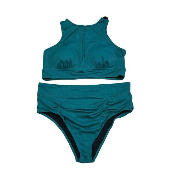 *New Torrid 2 Pc Swimsuit Womens Plus 3 Green High Neck Henley Top Cheeky Brief - Picture 2 of 13